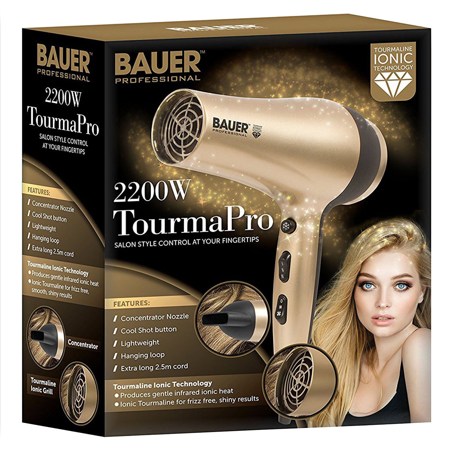 BAUER 2200W Professional Ionic Hair Dryer Concentrator Nozzle Blower Pro Salon