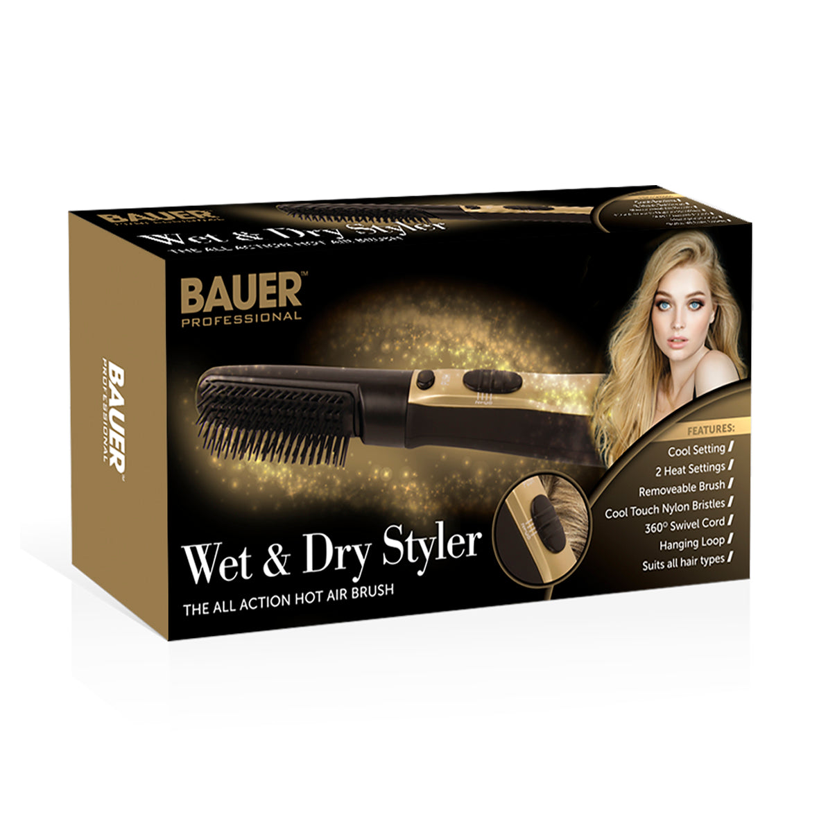 Bauer Pro Wet & Dry Removeable Hot Air Nylon Brush Hair Styler Styling 360° Cord