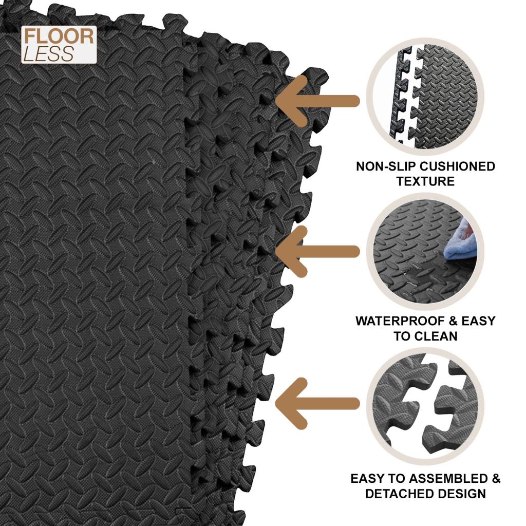 4PK Interlocking Floor Mat Gym Flooring Fitness Gymnastics Soft Foam Floor Black