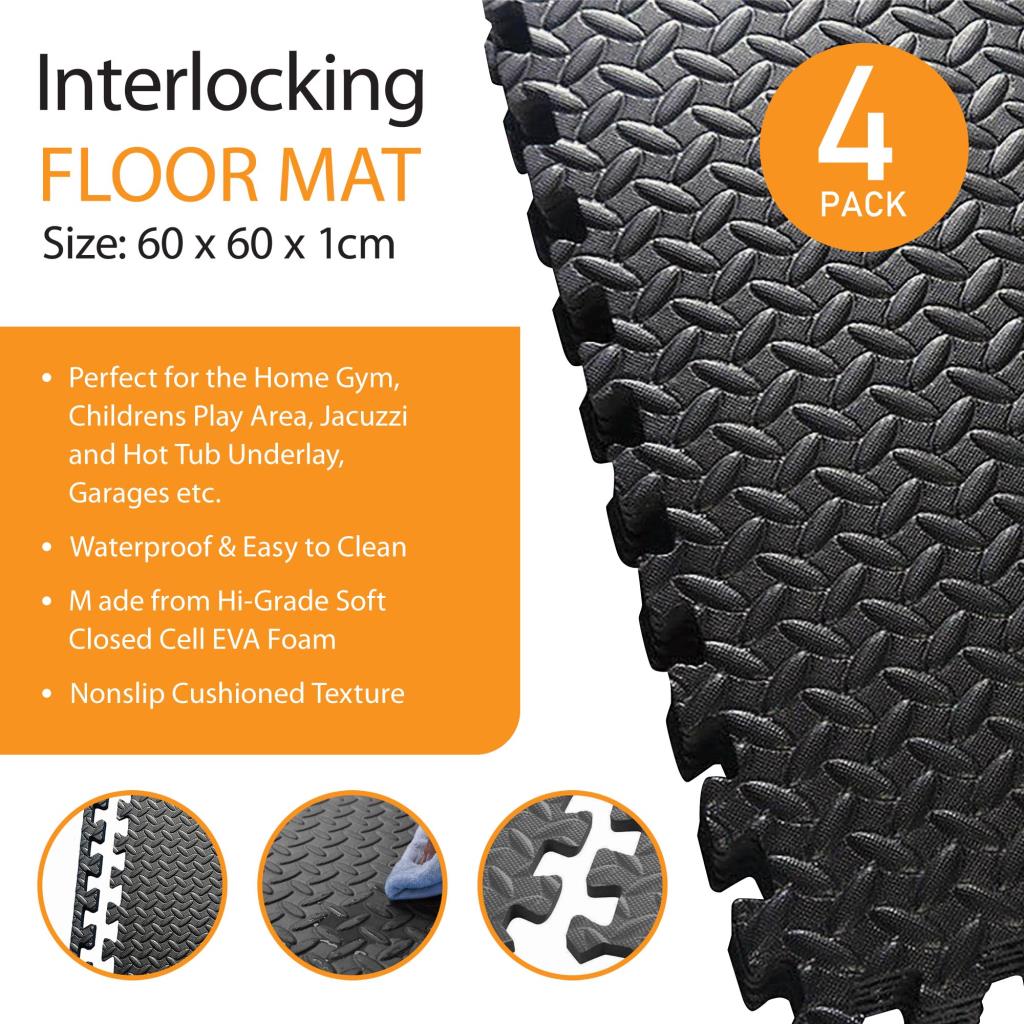 4PK Interlocking Floor Mat Gym Flooring Fitness Gymnastics Soft Foam Floor Black