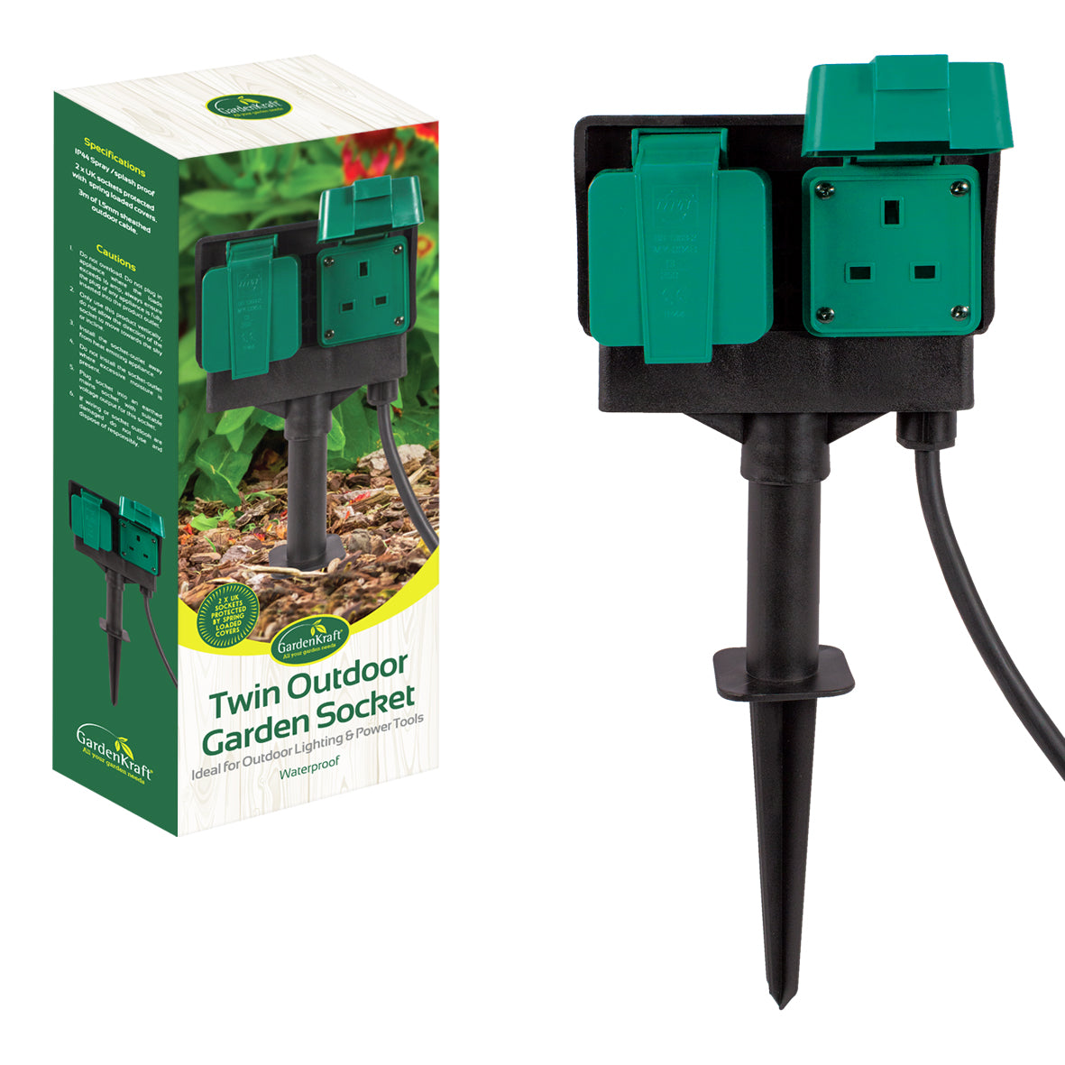 Outdoor Garden Sockets 3m Cable Extension IP44 Z Twin Sockets Spike Splash proof