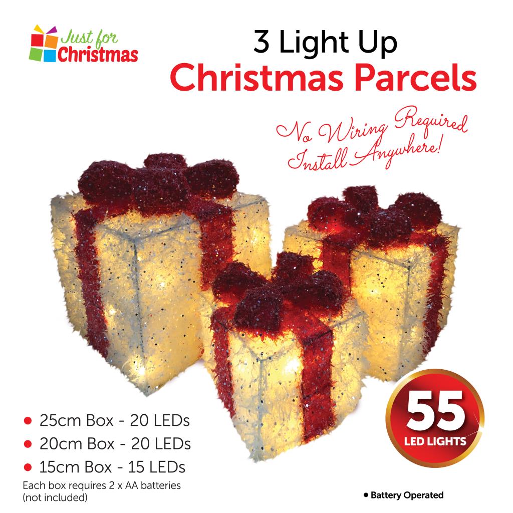 Set of 3 Light Up Christmas Present Parcels Decorations for Under the Tree LED