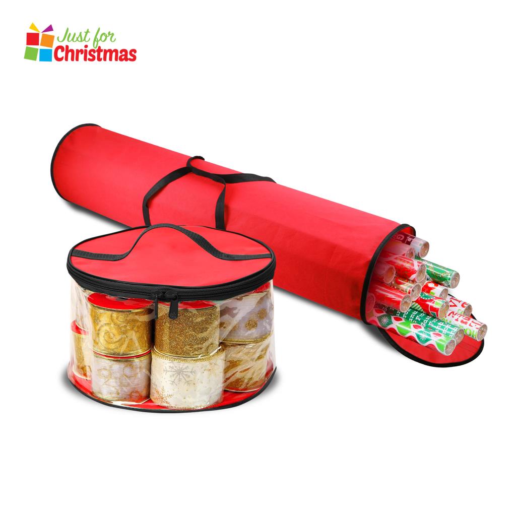 Round 25 Rolls Christmas Gift Wrap Wrapping Paper and Ribbon Storage Bag Set