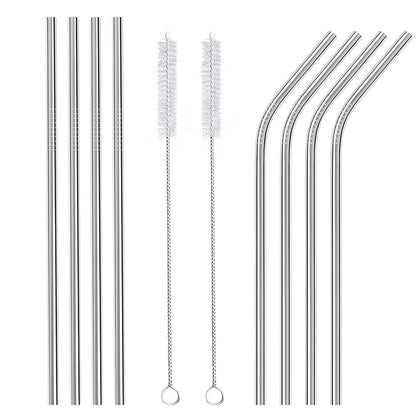 8 X Stainless Steel Straws With Cleaning Brushes Smoothie Milkshake Cocktail