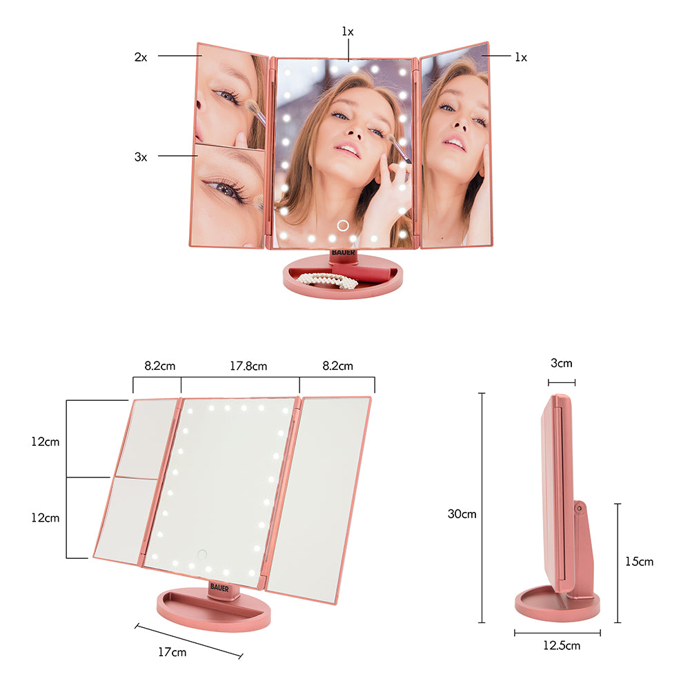 24 LED Make Up Mirror Magnifying Adjustable Foldable USB Battery Storage Compart