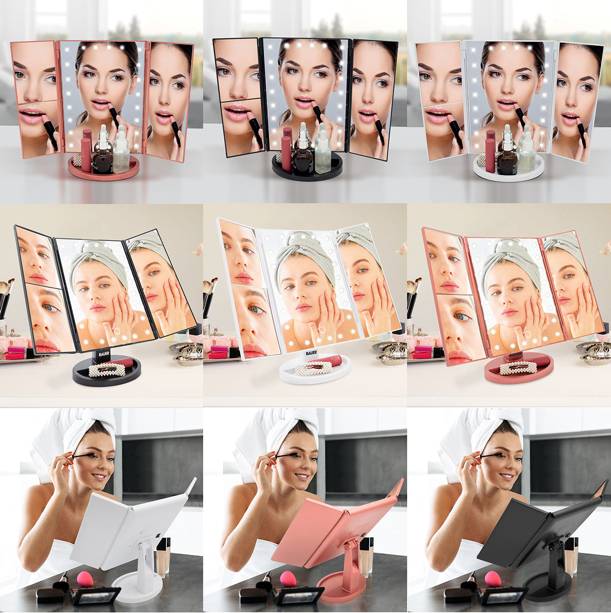 24 LED Make Up Mirror Magnifying Adjustable Foldable USB Battery Storage Compart