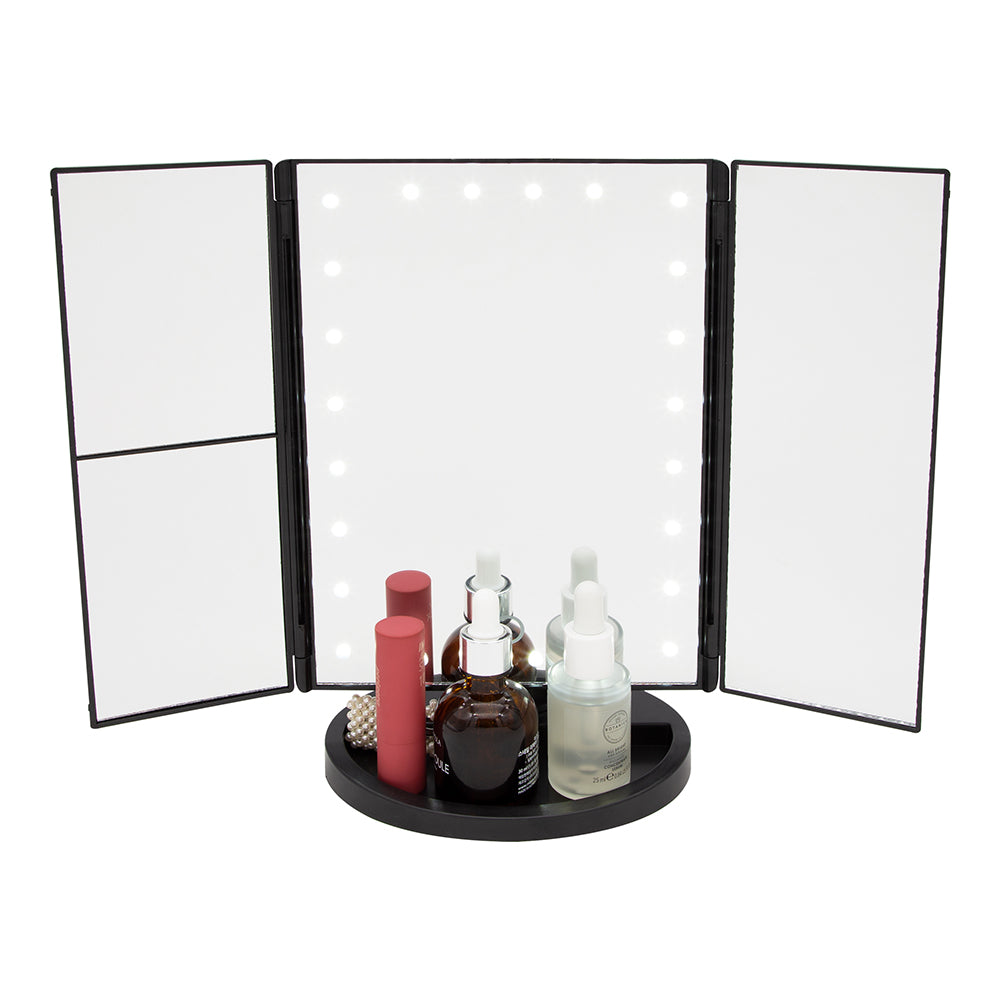 24 LED Make Up Mirror Magnifying Adjustable Foldable USB Battery Storage Compart