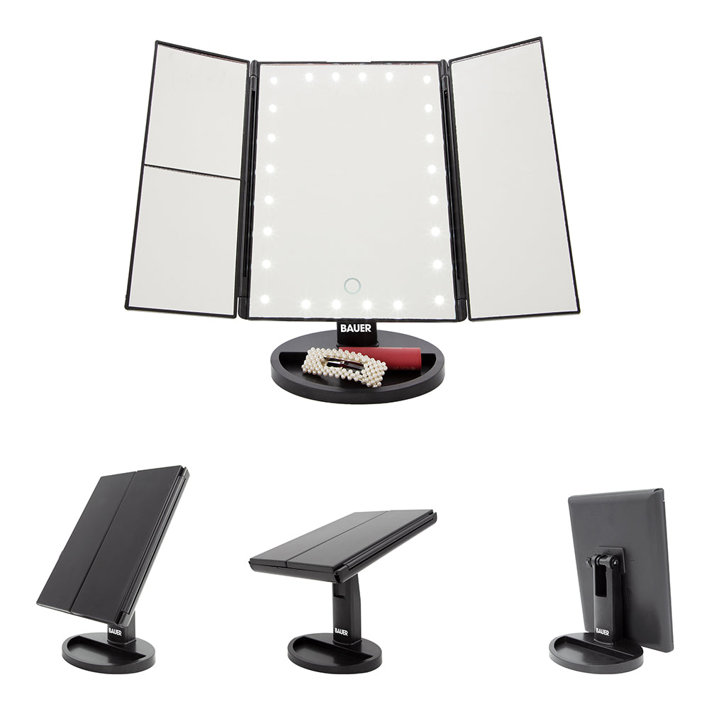 24 LED Make Up Mirror Magnifying Adjustable Foldable USB Battery Storage Compart