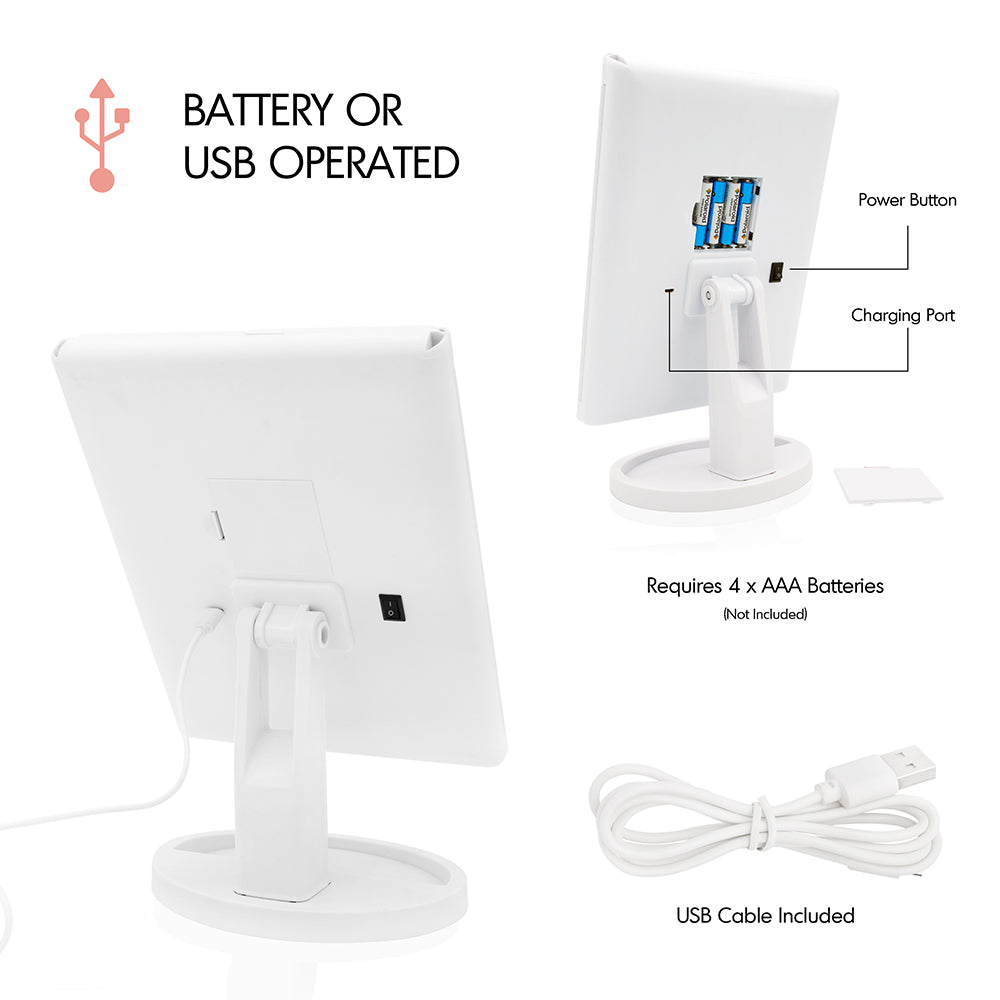 24 LED Make Up Mirror Magnifying Adjustable Foldable USB Battery Storage Compart