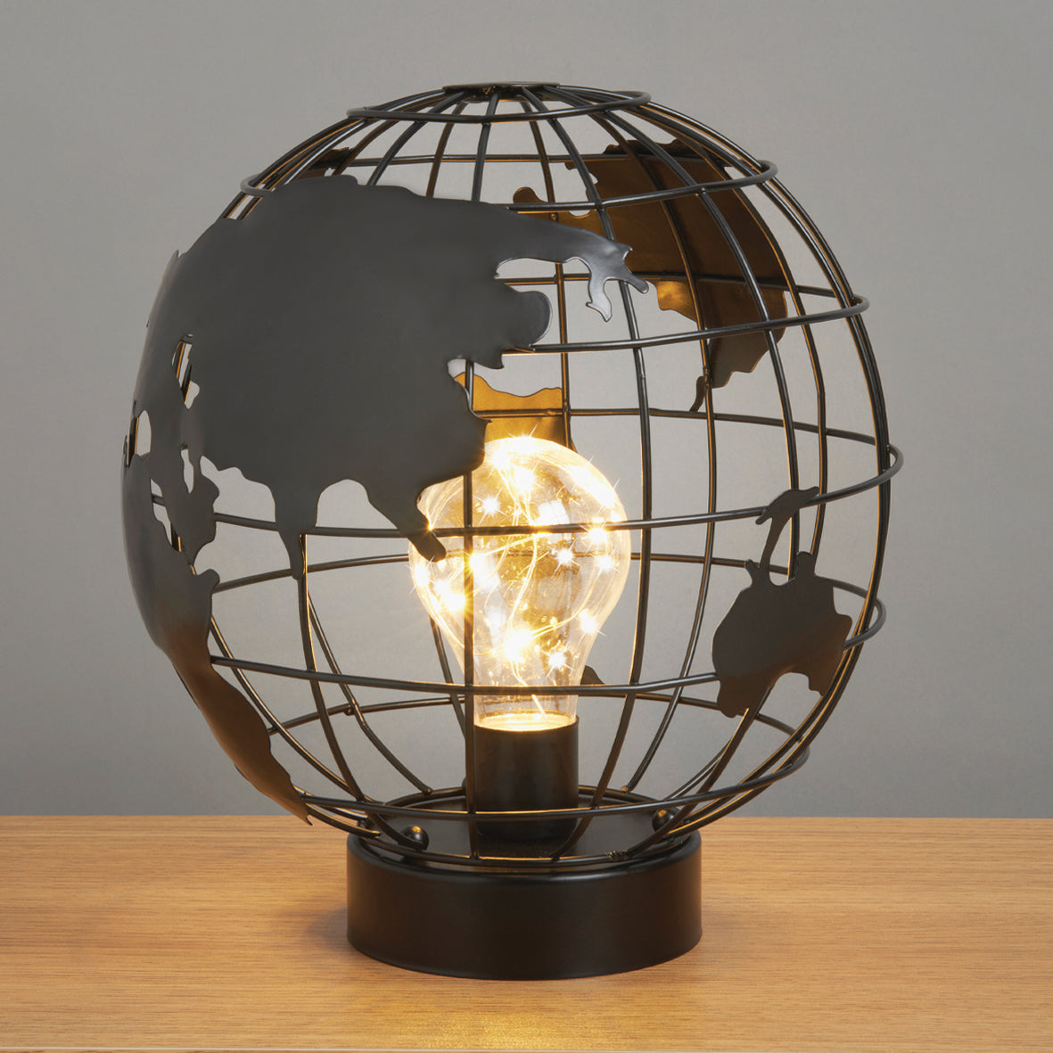 Globe Cage LED Light Table Lamp Desk Bedside Timer Function Black Retro Decor