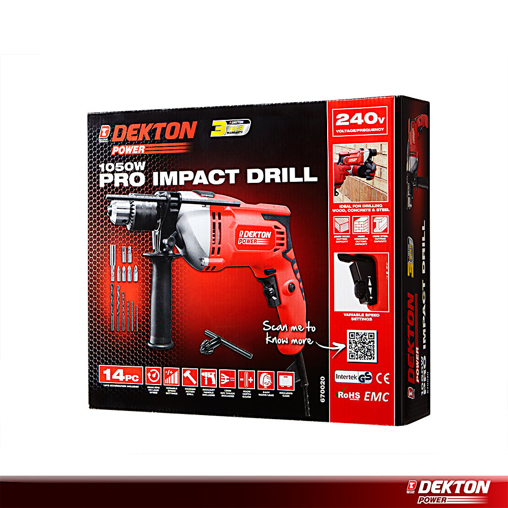 Dekton 1050W Hammer Impact Drill 14pc Drill & Bits Accessories 2800RPM Variable