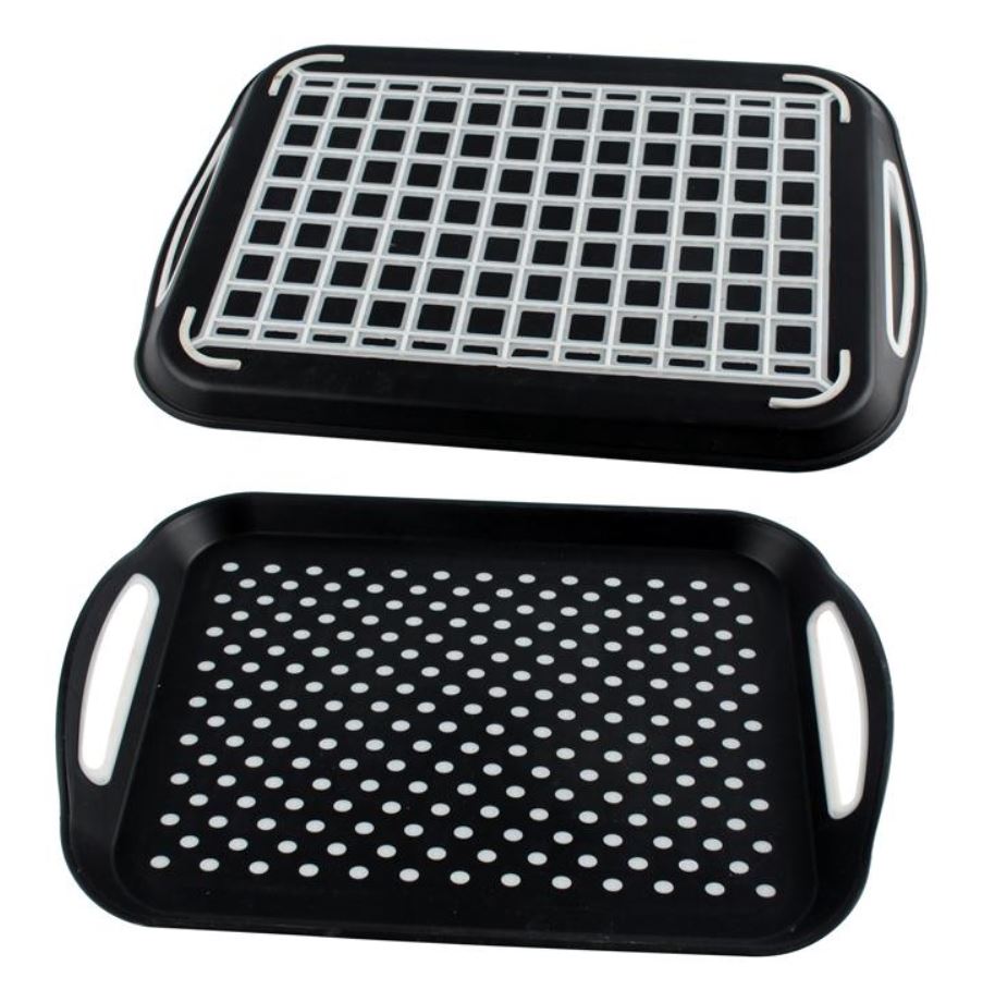 2 x Anti-Slip Plastic Serving Tray With High Grip Rubber Surface - White & Grey