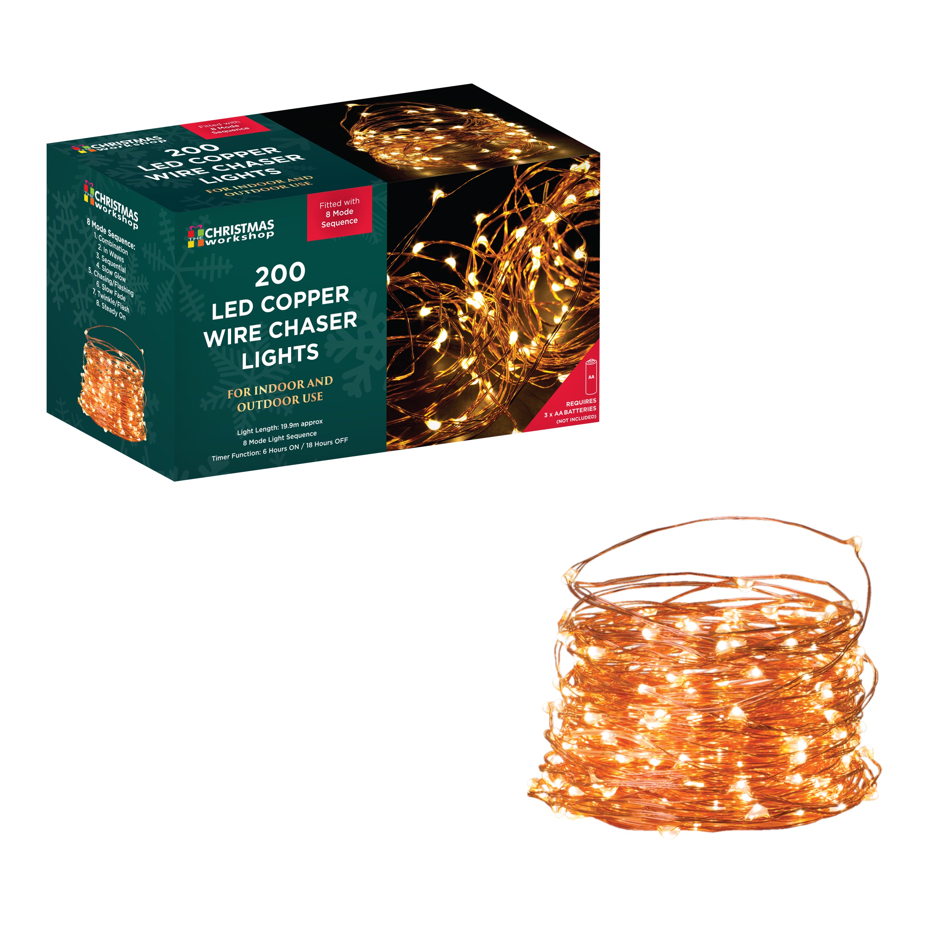 200 LED Timer Copper Wire Chaser Light Indoor Outdoor Christmas Party Warm White