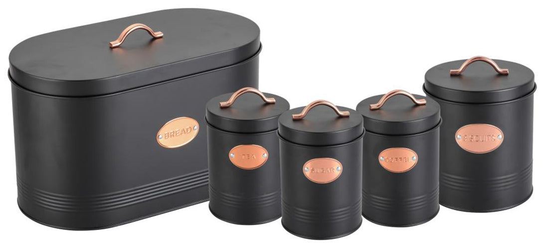 5 Piece Storage Kitchen Canister Set Tea Coffee Sugar Biscuit Tin Bread Bin Jars