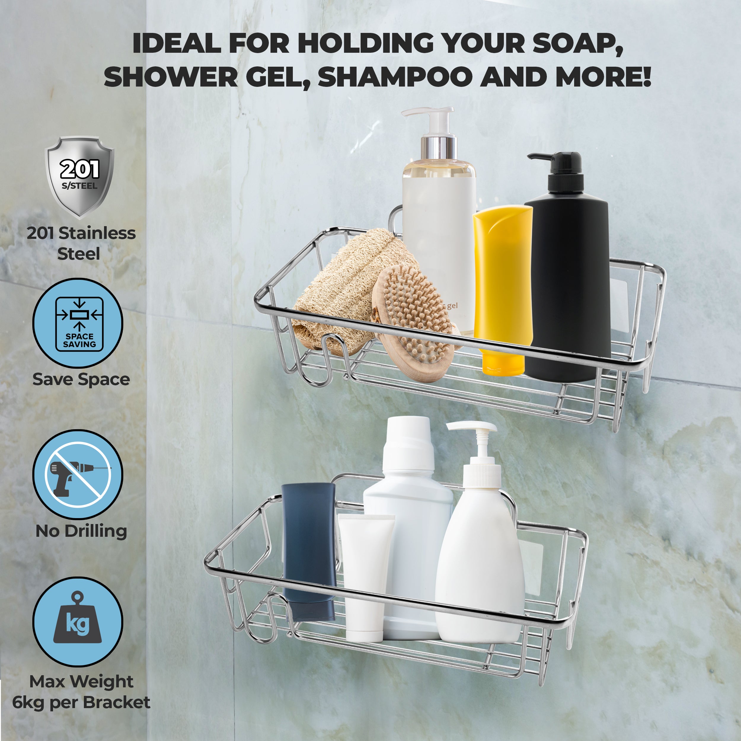 2x Shower Caddy Bathroom Suction Shelf Storage Shampoo Soap Holder No Drill