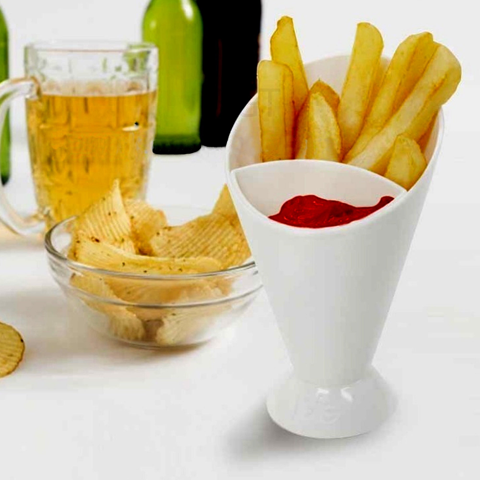 Chips French Fries & KetchUp Dipper Snack Holder Basket Stand Cones 2 Section UK