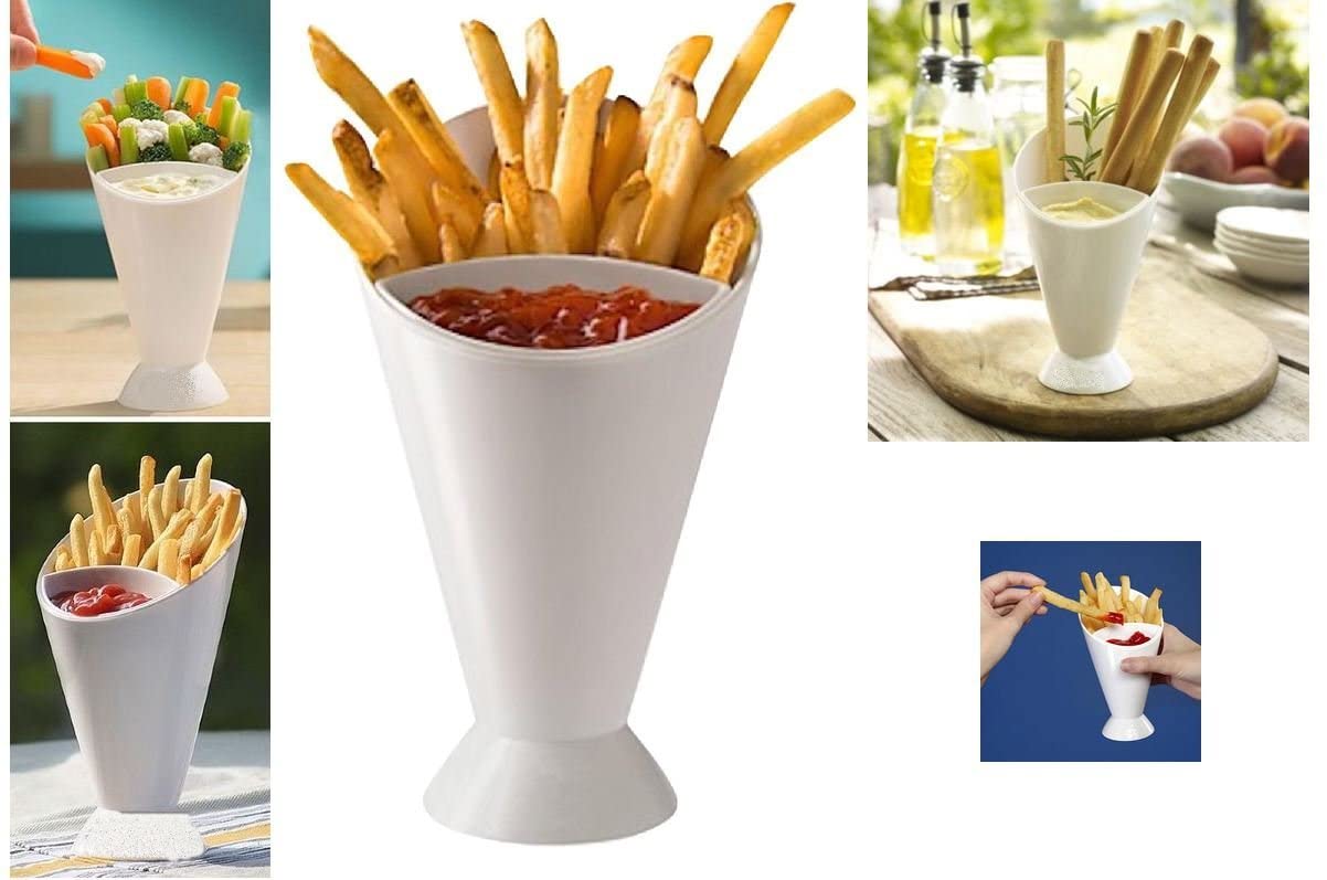 Chips French Fries & KetchUp Dipper Snack Holder Basket Stand Cones 2 Section UK