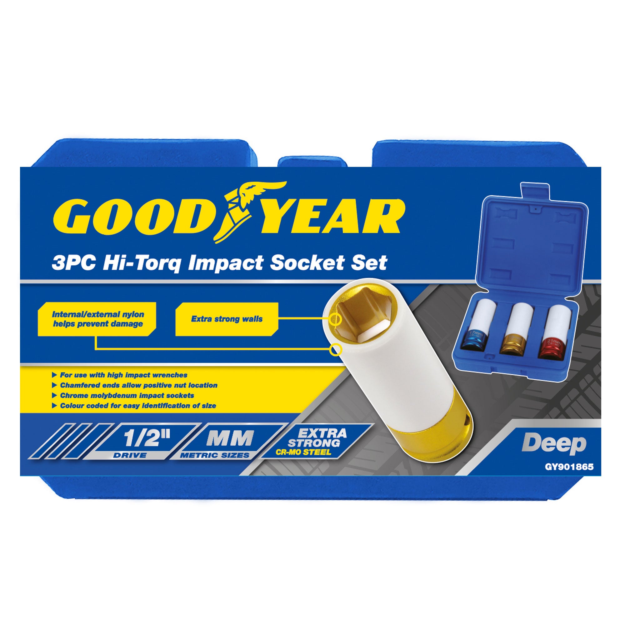 Goodyear 3 PC Thin Wall Deep Impact Nut Socket Wheel 1/2