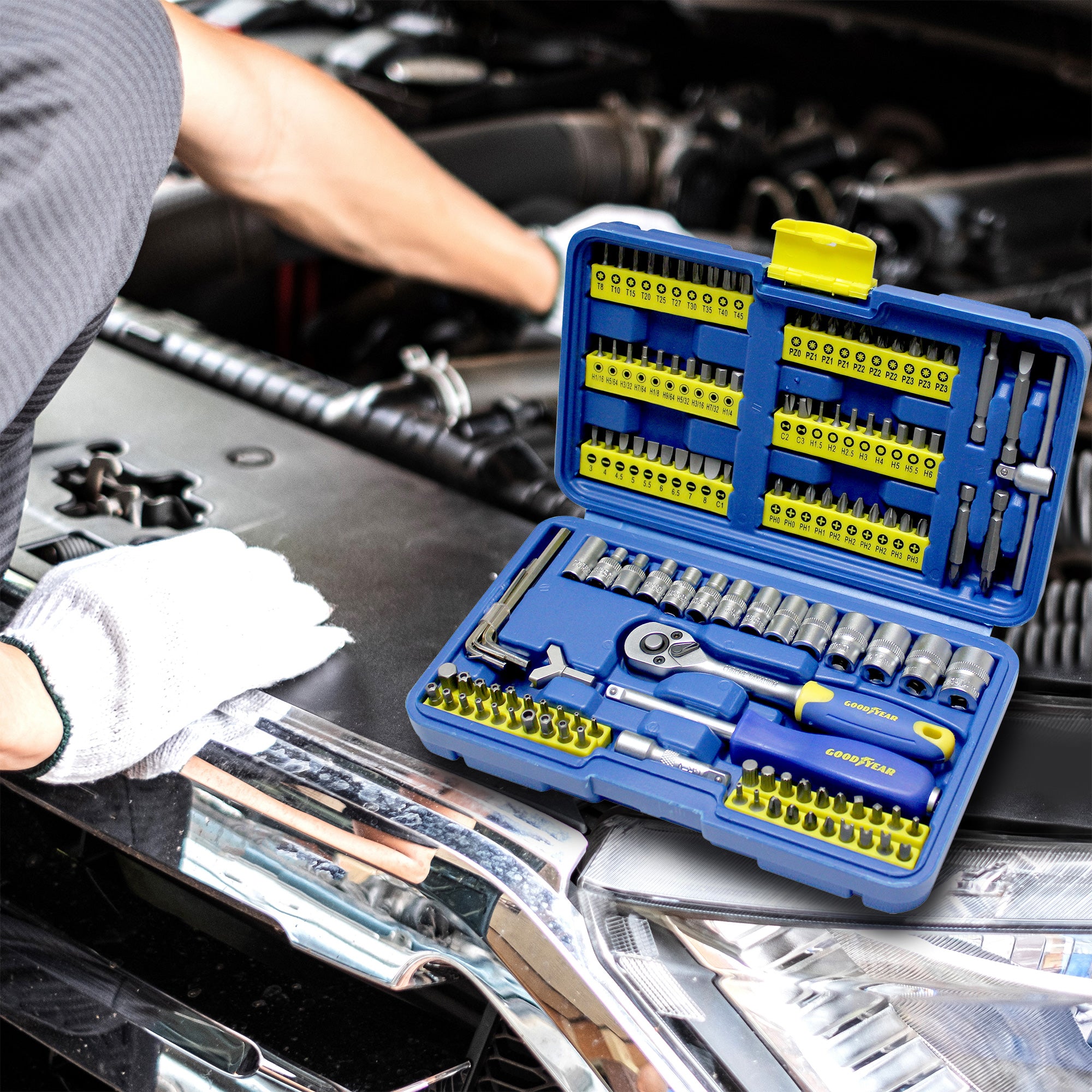 Goodyear 130pc Socket Set + Screwdriver Bits Including 72-teeth Ratchet Handle