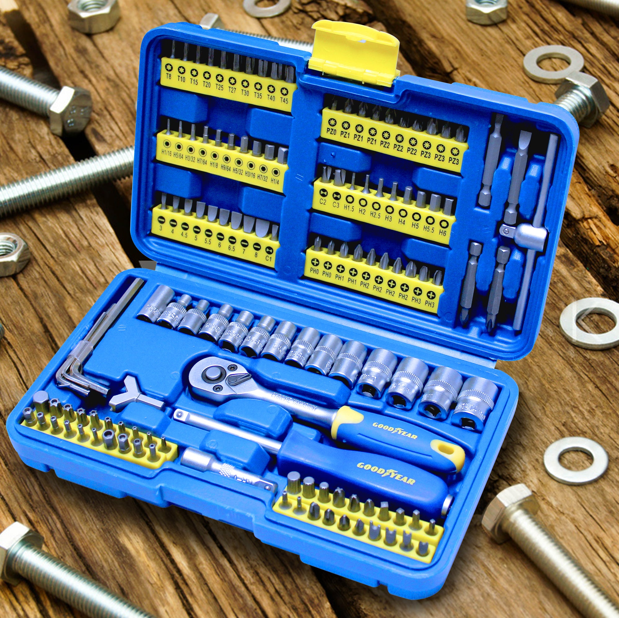 Goodyear 130pc Socket Set + Screwdriver Bits Including 72-teeth Ratchet Handle