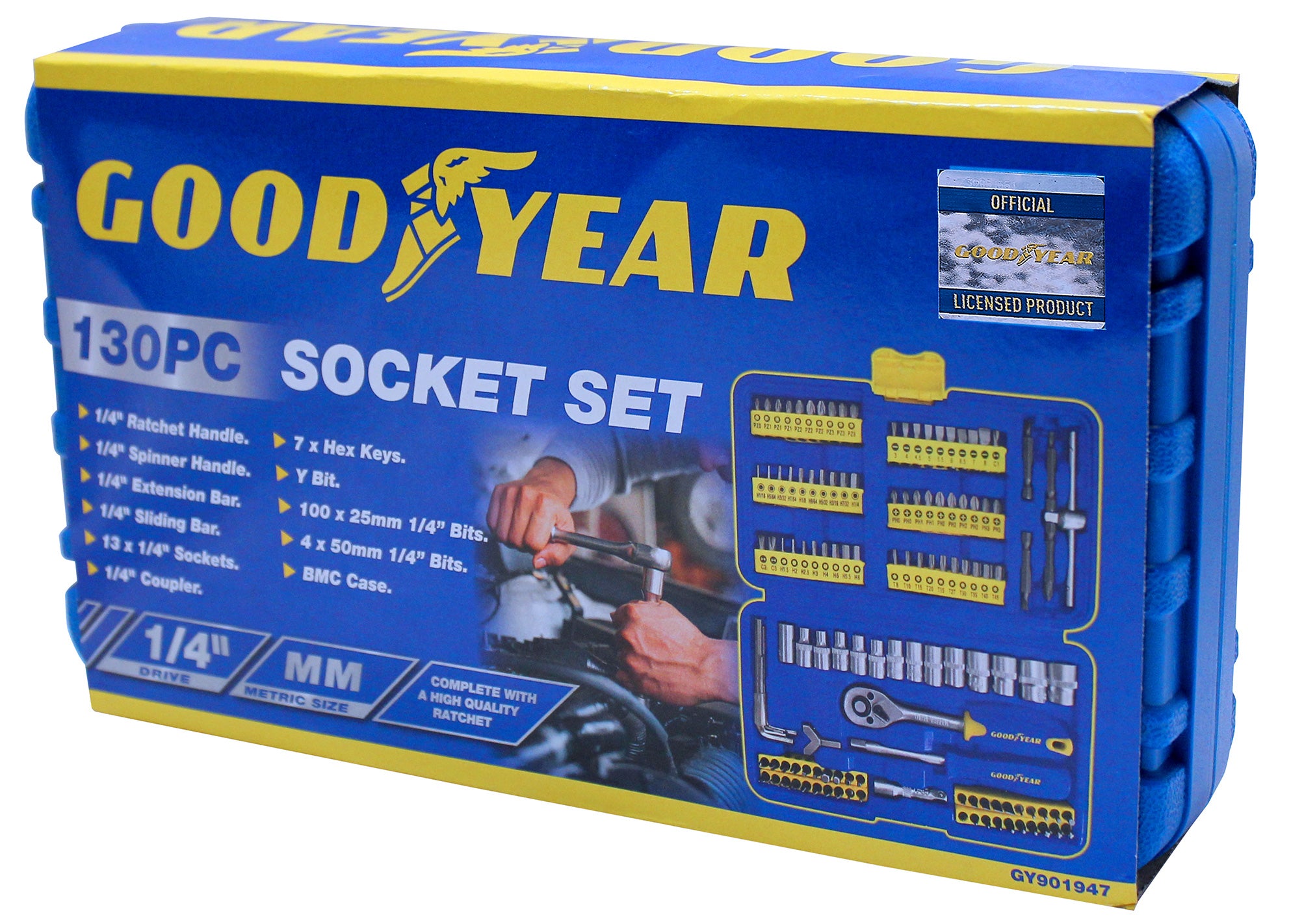 Goodyear 130pc Socket Set + Screwdriver Bits Including 72-teeth Ratchet Handle
