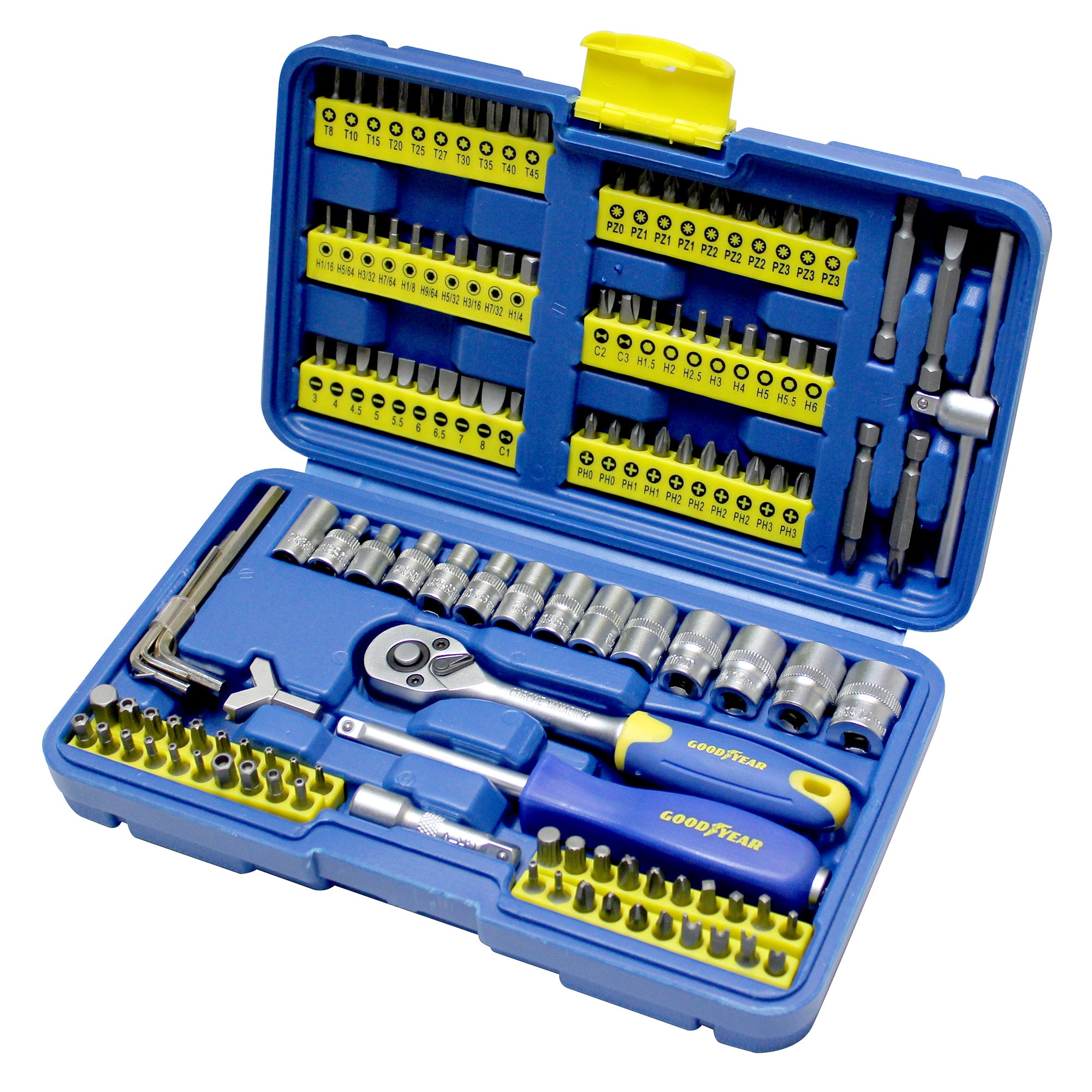 Goodyear 130pc Socket Set + Screwdriver Bits Including 72-teeth Ratchet Handle