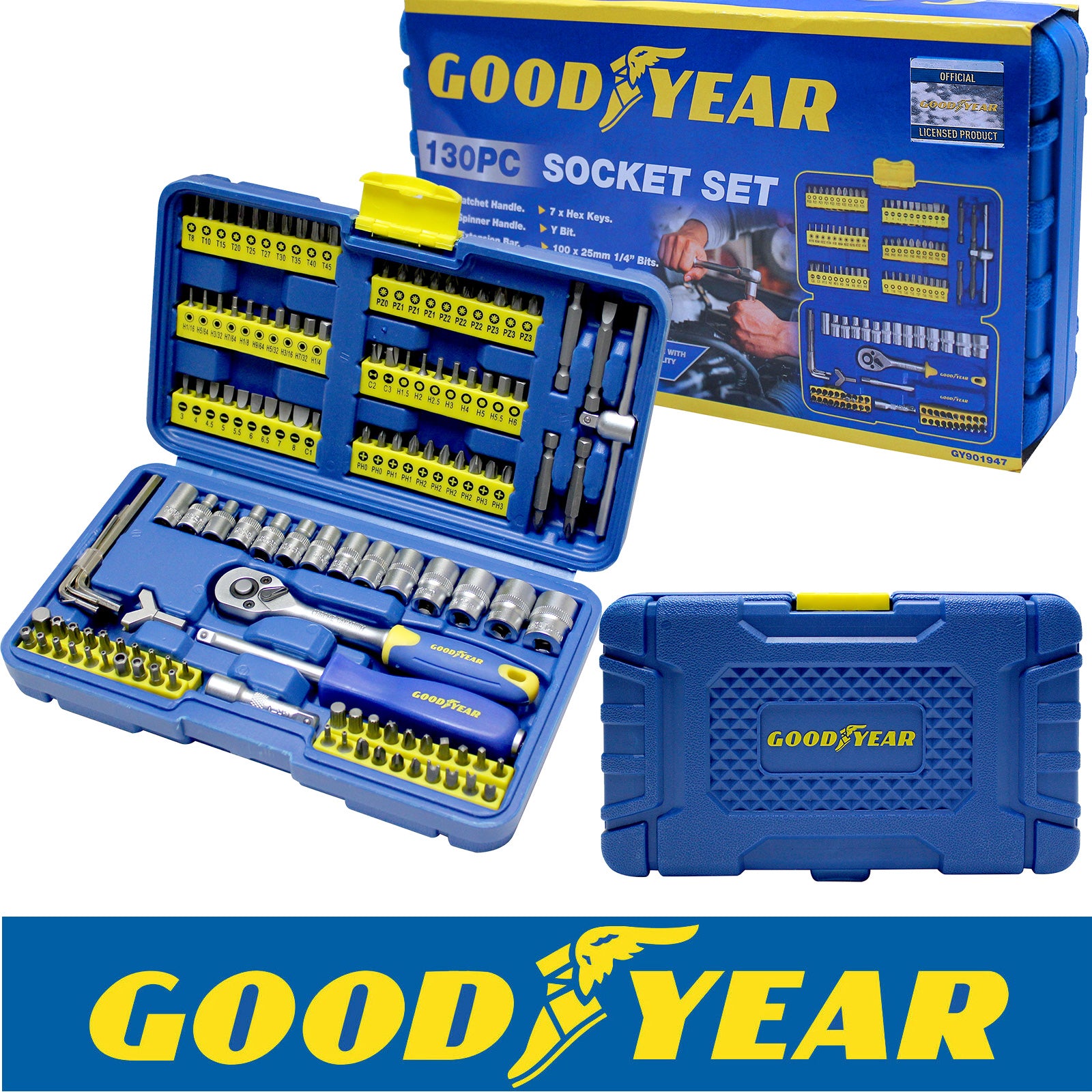 Goodyear 130pc Socket Set + Screwdriver Bits Including 72-teeth Ratchet Handle