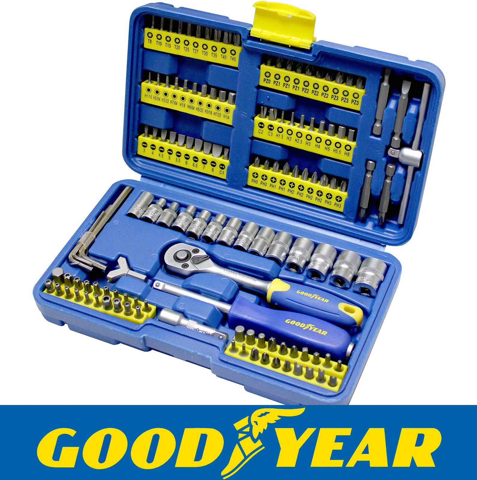 Goodyear 130pc Socket Set + Screwdriver Bits Including 72-teeth Ratchet Handle