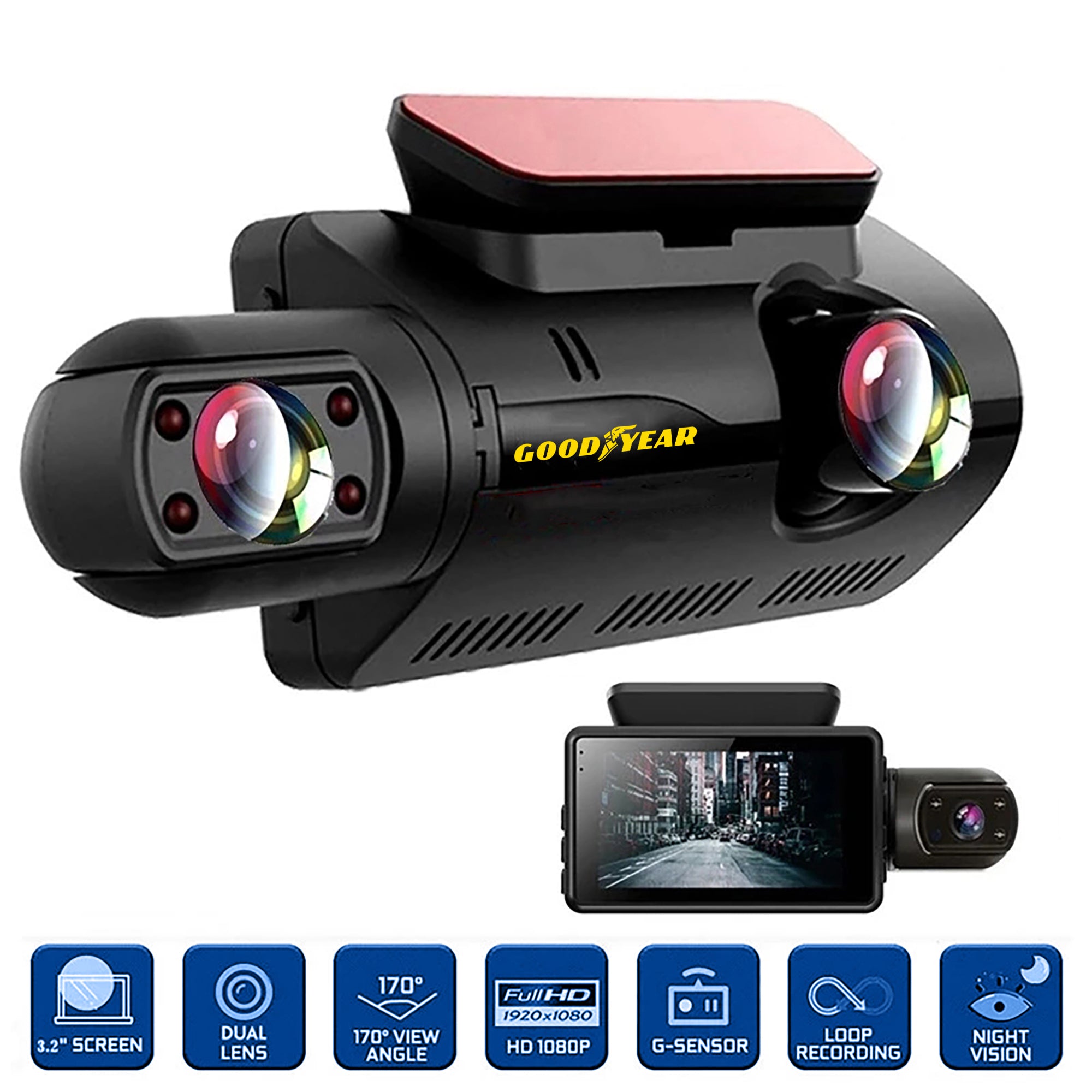 Goodyear Dual Lens Car Dash Cam with Front Rear Internal Camera HD Dashcam Taxi