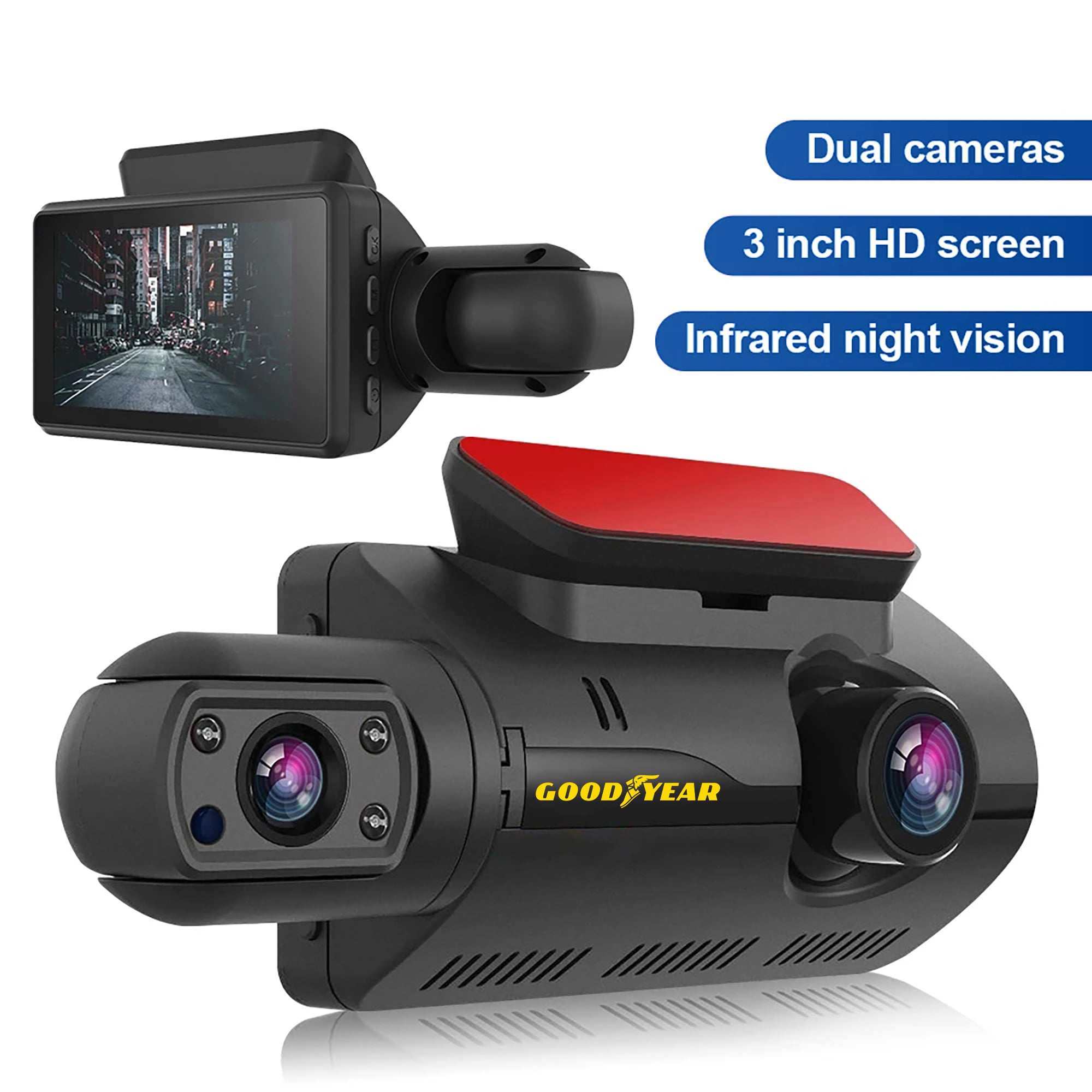 Goodyear Dual Lens Car Dash Cam with Front Rear Internal Camera HD Dashcam Taxi