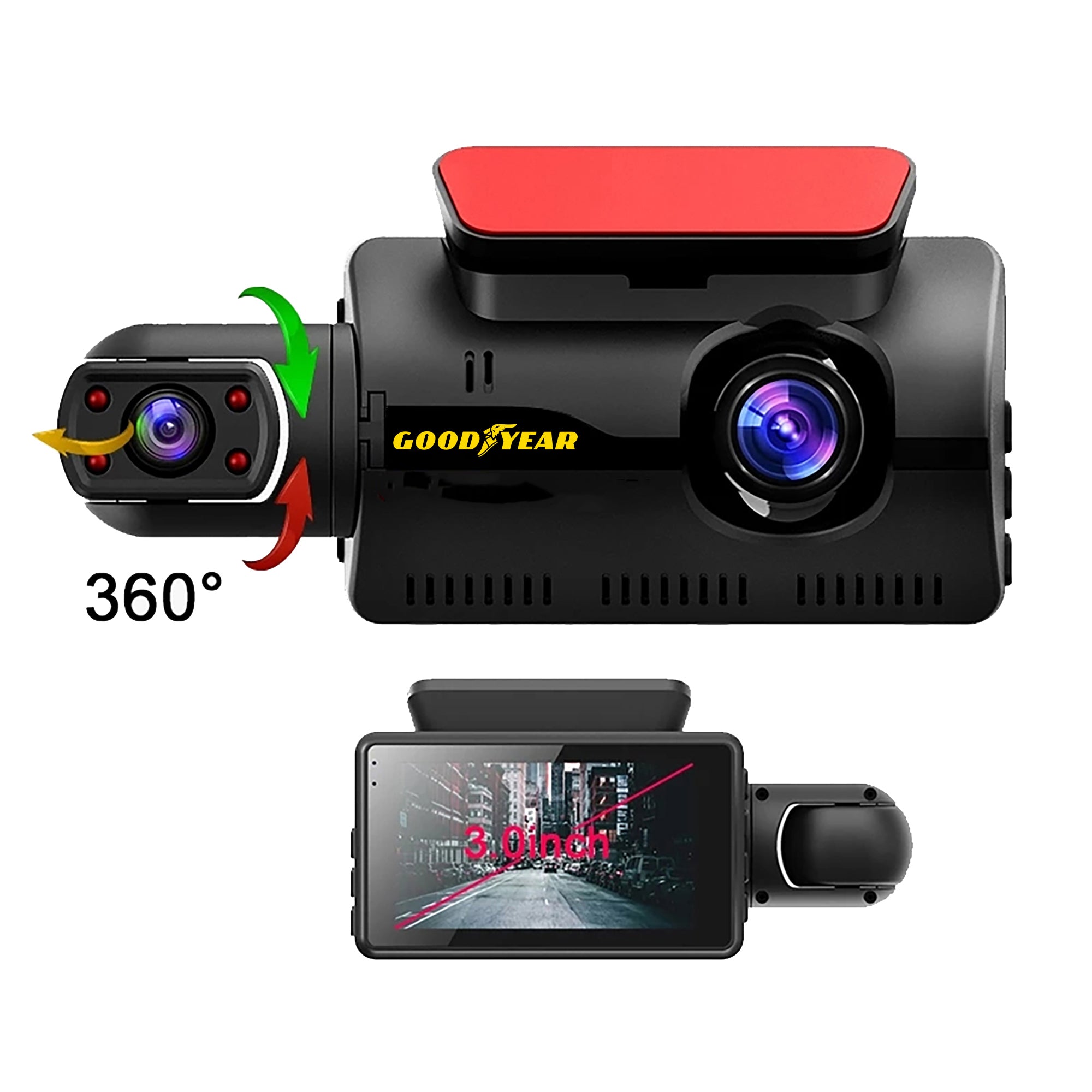 Goodyear Dual Lens Car Dash Cam with Front Rear Internal Camera HD Dashcam Taxi