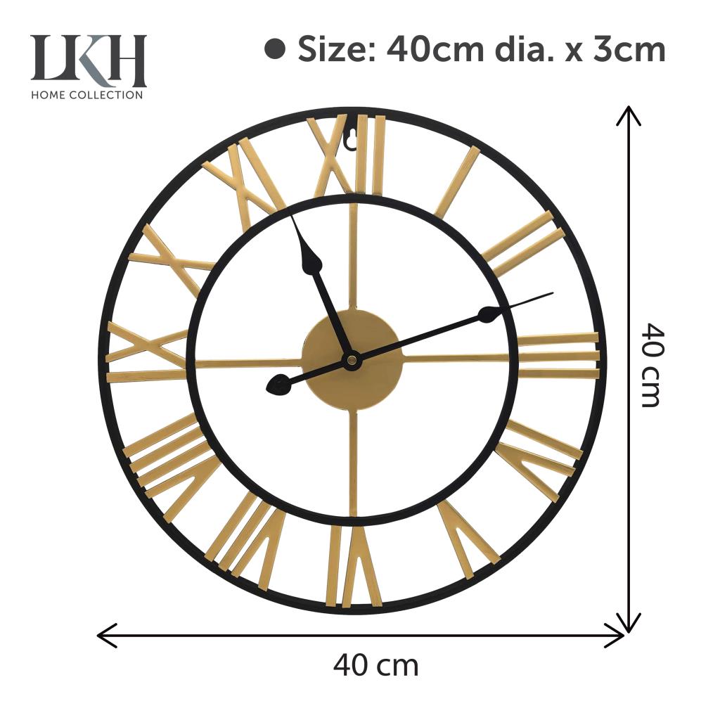 Big Garden Wall Clock Roman Numerals Skeleton Metal Large Outdoor Black Gold