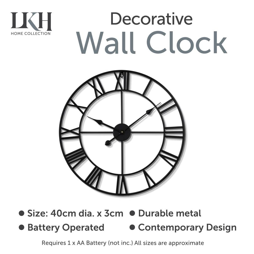 Big Garden Wall Clock Roman Numerals Open Face Metal Large Outdoor Black Watch