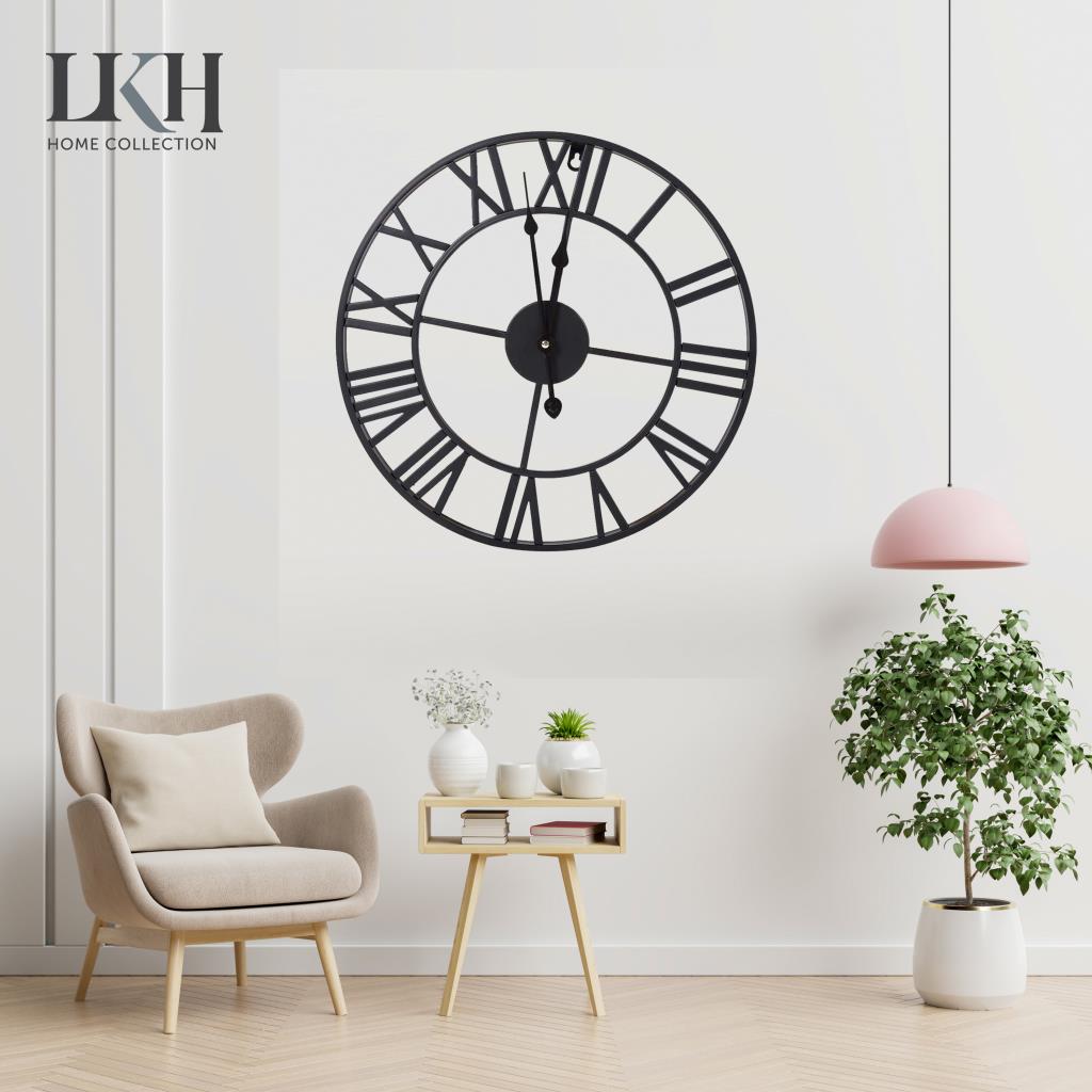 Big Garden Wall Clock Roman Numerals Open Face Metal Large Outdoor Black Watch