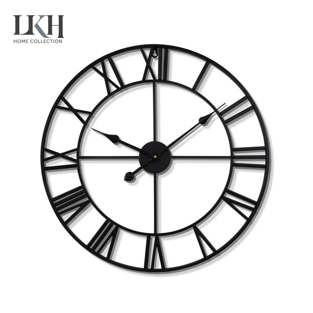 Big Garden Wall Clock Roman Numerals Open Face Metal Large Outdoor Black Watch