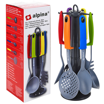 Alpina 7Pcs Multi-Coloured Nylon Kitchen Essential Utensils Set with Stand Spoon