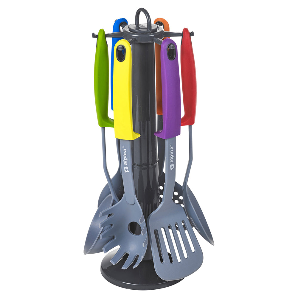 Alpina 7Pcs Multi-Coloured Nylon Kitchen Essential Utensils Set with Stand Spoon