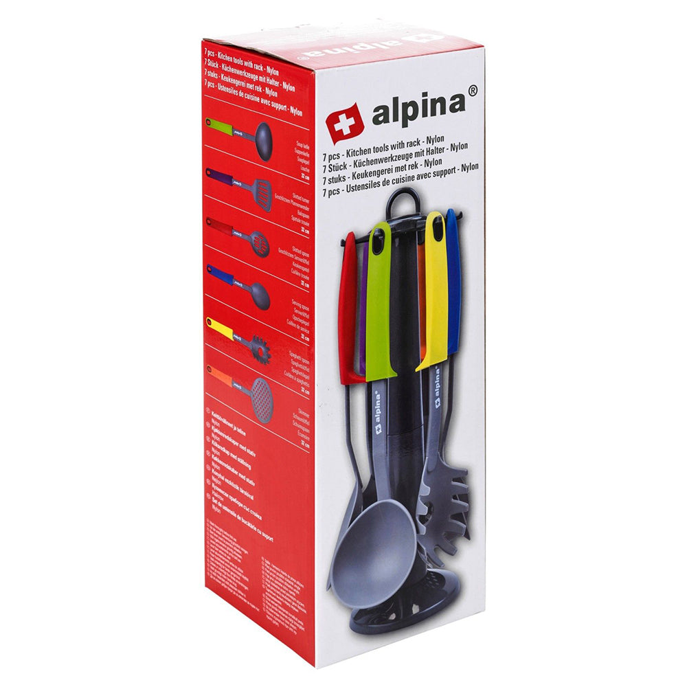 Alpina 7Pcs Multi-Coloured Nylon Kitchen Essential Utensils Set with Stand Spoon