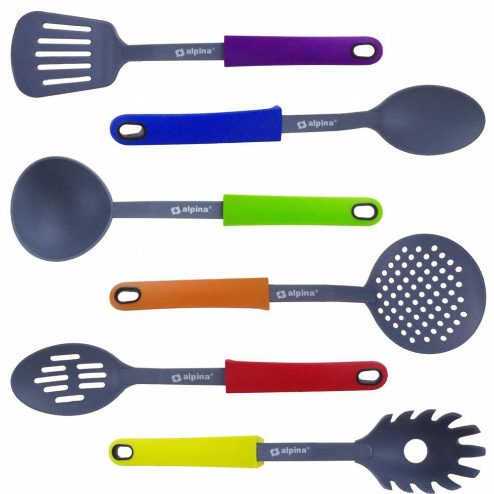 Alpina 7Pcs Multi-Coloured Nylon Kitchen Essential Utensils Set with Stand Spoon