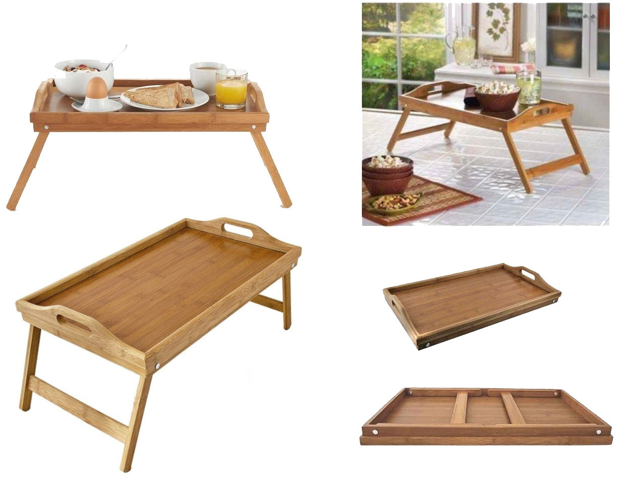 Bamboo Wood Serving Tray Table Breakfast Over Bed Lap Folding Legs Kitchen Serve