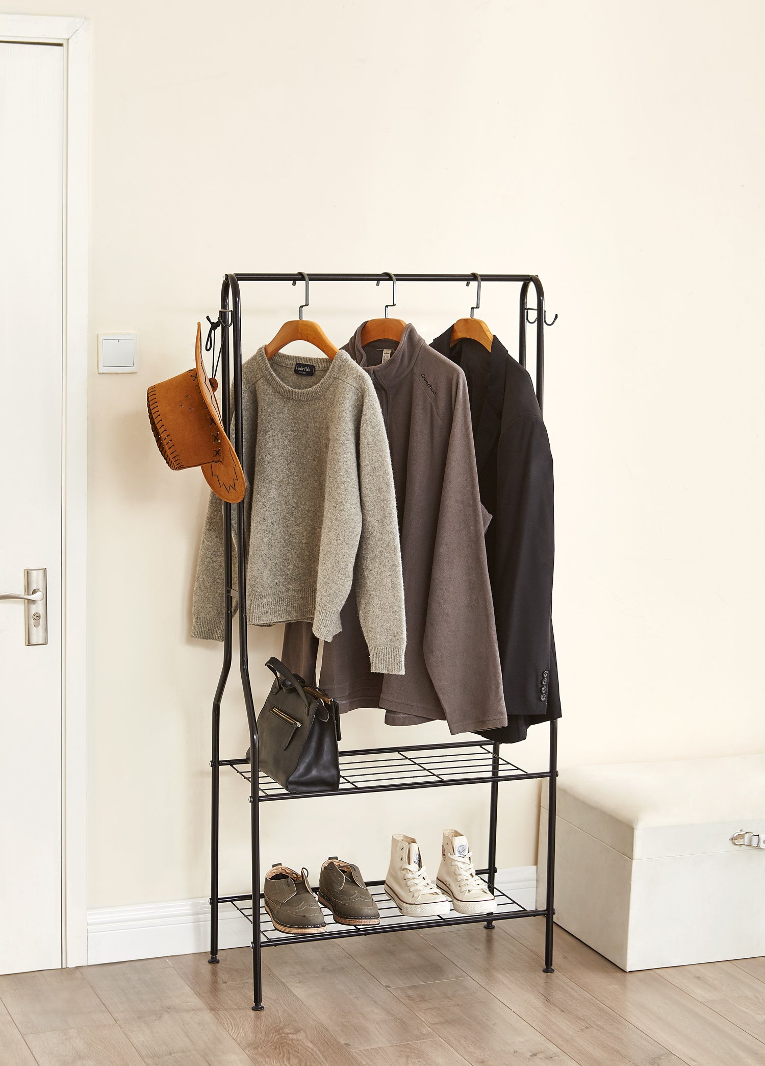 2 Tier Entrance Hall Coat Rack Organiser Clothes Rack Rail Shoe Storage Hooks