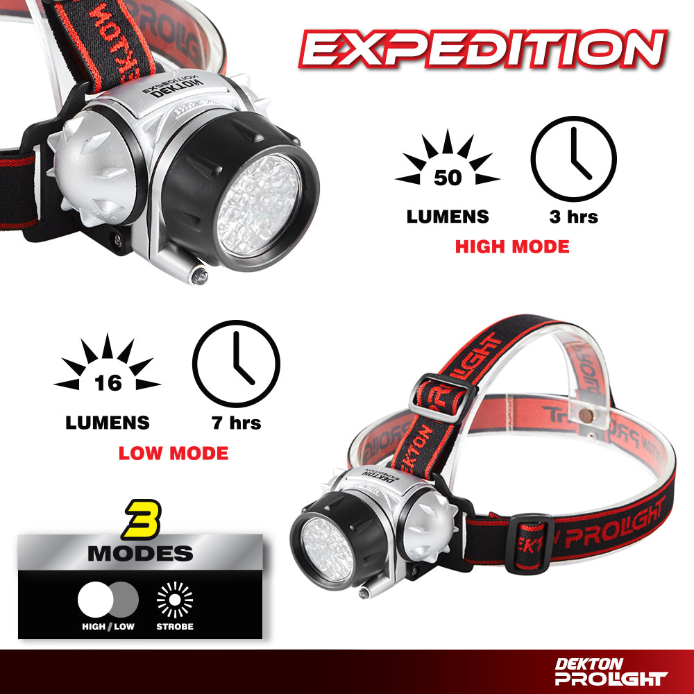 Dekton Expedition LED Head Light Torch Headlamp 50 Lumens 10M Range & Batteries