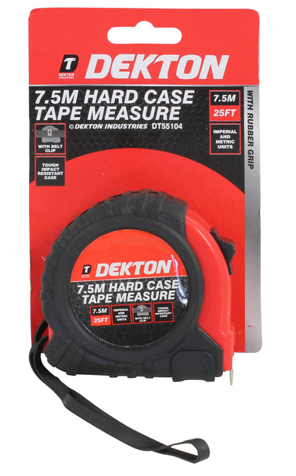 Dekton 7.5m X 25mm Hard Case Tape Measure Belt Clip Rubber Grip