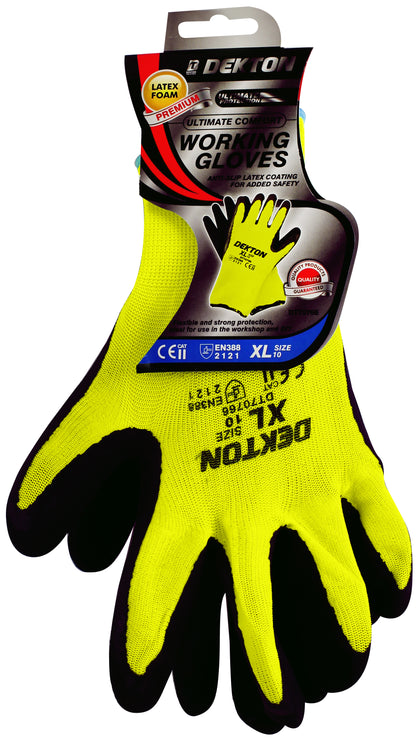 Dekton Comfort Grip Working Gloves Black/Hi Vis Green Latex Foam 10/Xl