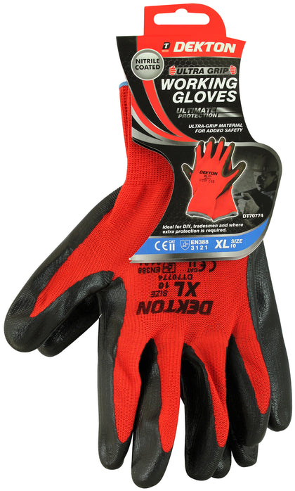 Dekton Ultra Grip Working Gloves Black/Red Nitrile 10/Xl For Diy, Tradesmen