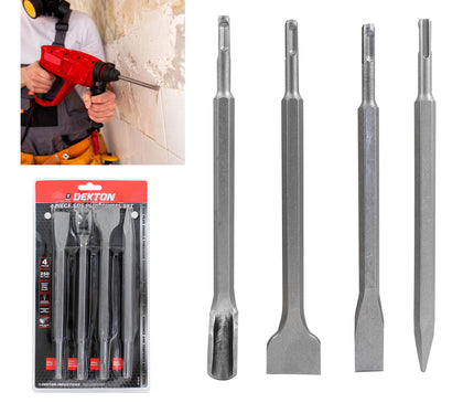 Dekton 4 Pcs SDS Chisel Set For Hammer Drill Pointed Groove Gouge 250mm Masonry