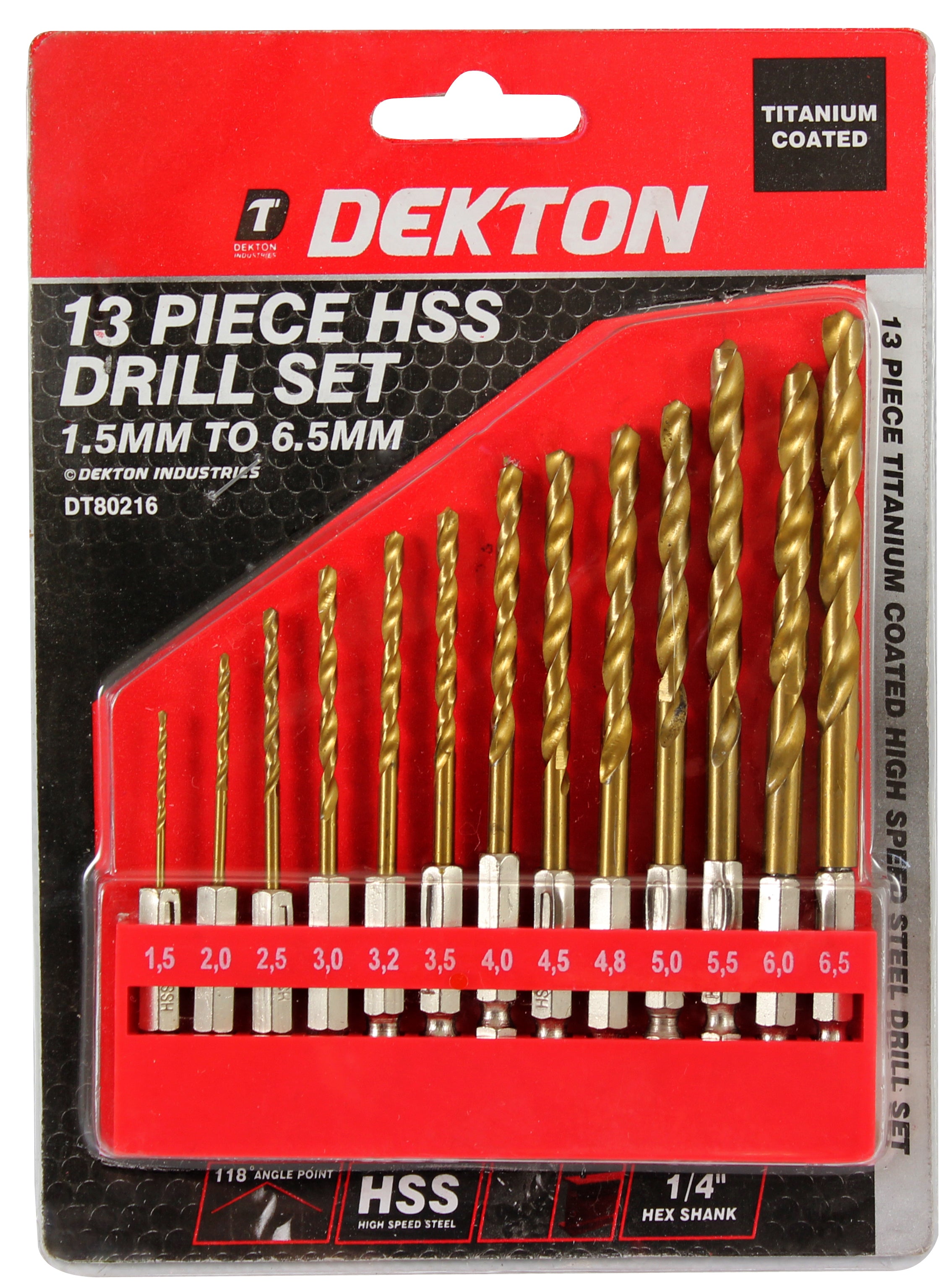 Dekton 13pc 1/4'' Shank Hss Drill Set 1.5mm-6.5mm High Speed Steel Drill Bits, H