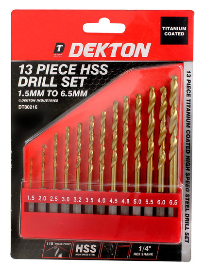 Dekton 13pc 1/4'' Shank Hss Drill Set 1.5mm-6.5mm High Speed Steel Drill Bits, H