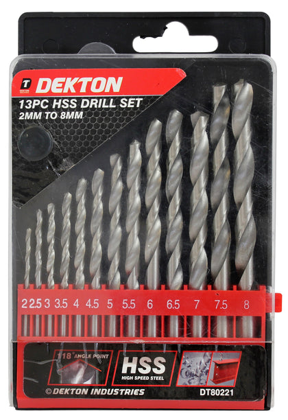 Dekton 13pc Hss Drill Set 2mm To 8mm High Speed Steel Drill Bits, Hss Shank Twis