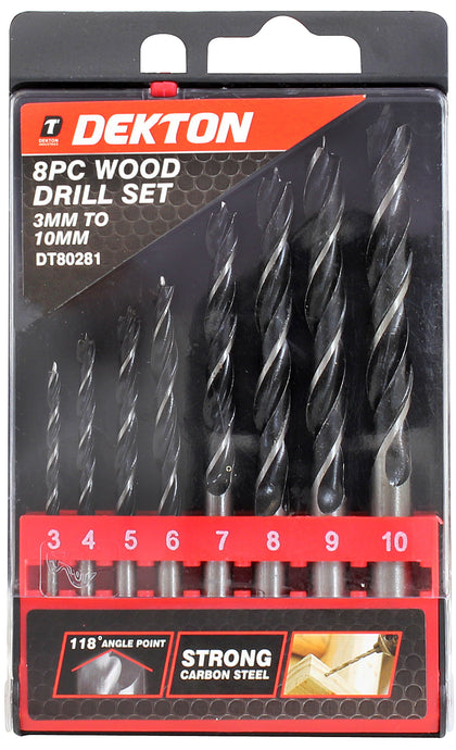 Dekton 8pc Wood Drill Bit Set Spur With Sharp Point, High Cutting Speeds, W-Shap